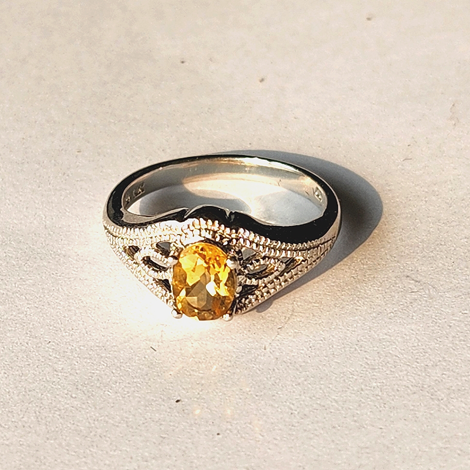 Vintage Style Citrine Ring In Sterling Silver